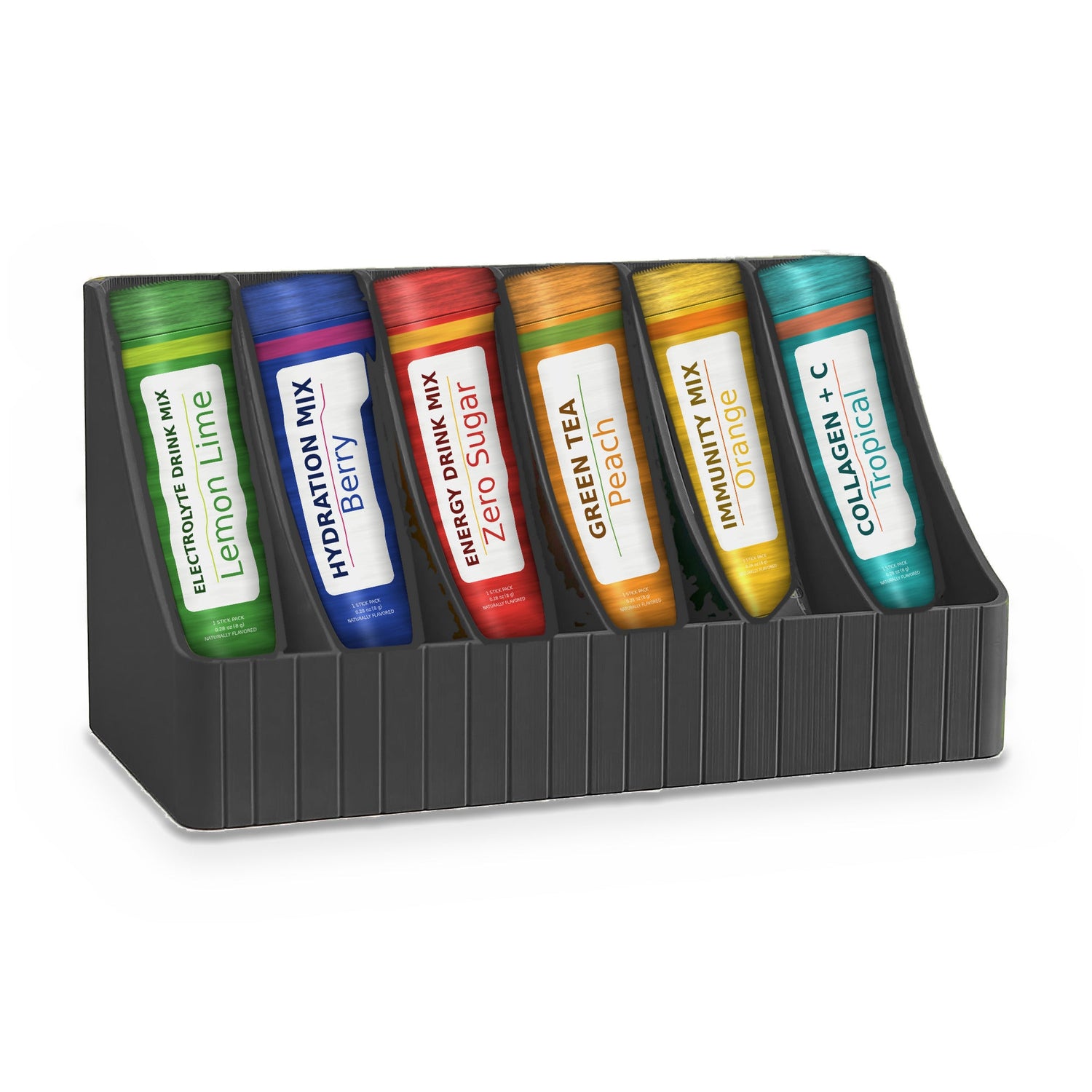 Six slot stepped tray holding tea bags and drink mix packets with every label facing forward