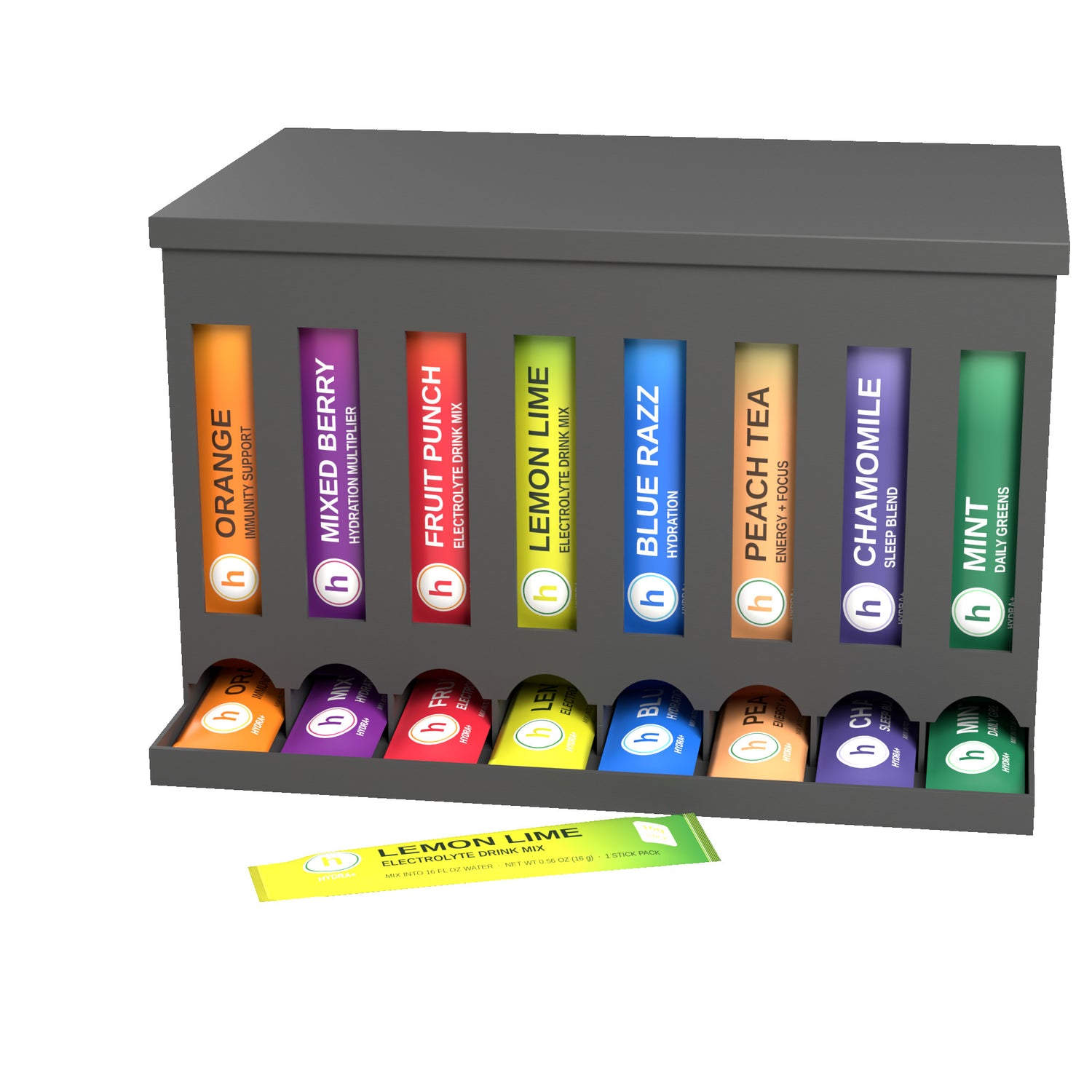 Eight slot drink packet dispenser in use, slim flavor sticks showing in the display windows with one pulled from the bottom opening