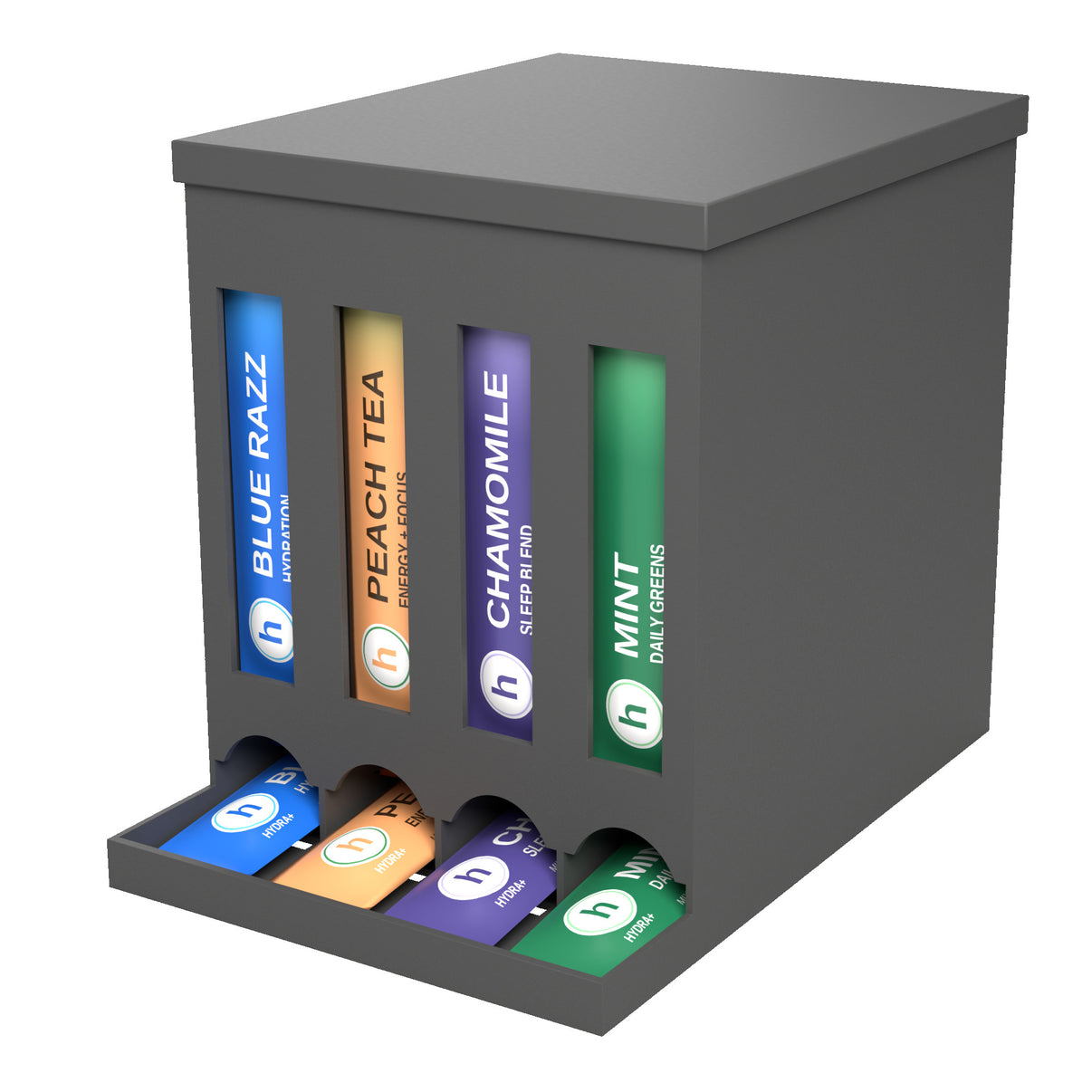 Drink Packet Organizer 4 slot box dispenser in Matte Black, for slim stick packets