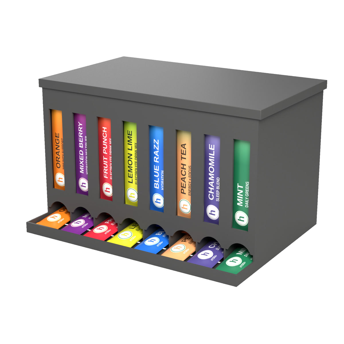 Drink Packet Organizer 8 slot open top dispenser in Matte Black, for slim stick packets